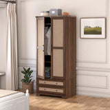 Brafab Armoire Wardrobe Closet with 2 Rattan Doors, 71" Farmhouse Tall Freestanding Coat Closet Wardrobe Cabinet with Drawers and Hanging Rail, Wooden Armoire Storage Cabinet with Shelf for Bedroom Brafab