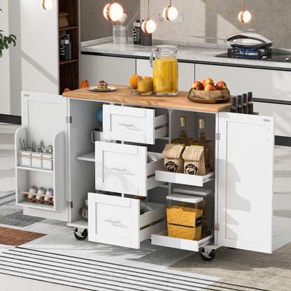 Rolling Kitchen Island with Storage, Kitchen Island on Wheels with Spice Rack & Tower Rack, Kitchen Cart with Rubber Wood Top, 3 Drawer, 2 Slide-Out Shelf and Internal Storage Rack, (White-50)