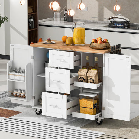 Rolling Kitchen Island with Storage, Kitchen Island on Wheels with Spice Rack & Tower Rack, Kitchen Cart with Rubber Wood Top, 3 Drawer, 2 Slide-Out Shelf and Internal Storage Rack, (White-50) LAWGLLAABT
