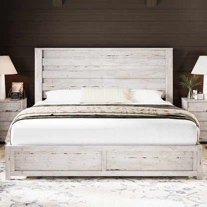 AMERLIFE Distressed White Queen Size Platform Bed Frame with Fluted 49" Headboard - WoodArtSupply