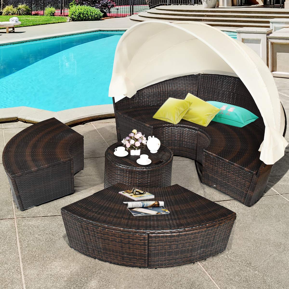 COSTWAY Patio Round Daybed with Retractable Canopy, Wicker Furniture Sectional Couch with Separate Cushioned Seats, Adjustable Table Top, Patio Rattan Daybed Sofa for Backyard, Poolside, White COSTWAY