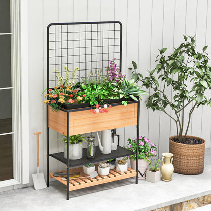 HAPPYGRILL Outdoor Raised Garden Bed, 59” Wooden Elevated Planter Box w/Open Storage Shelves, Removable Grid Divider, Drain Holes & Black Liner, Raised Garden Bed w/Legs & Trellis for Vegetables