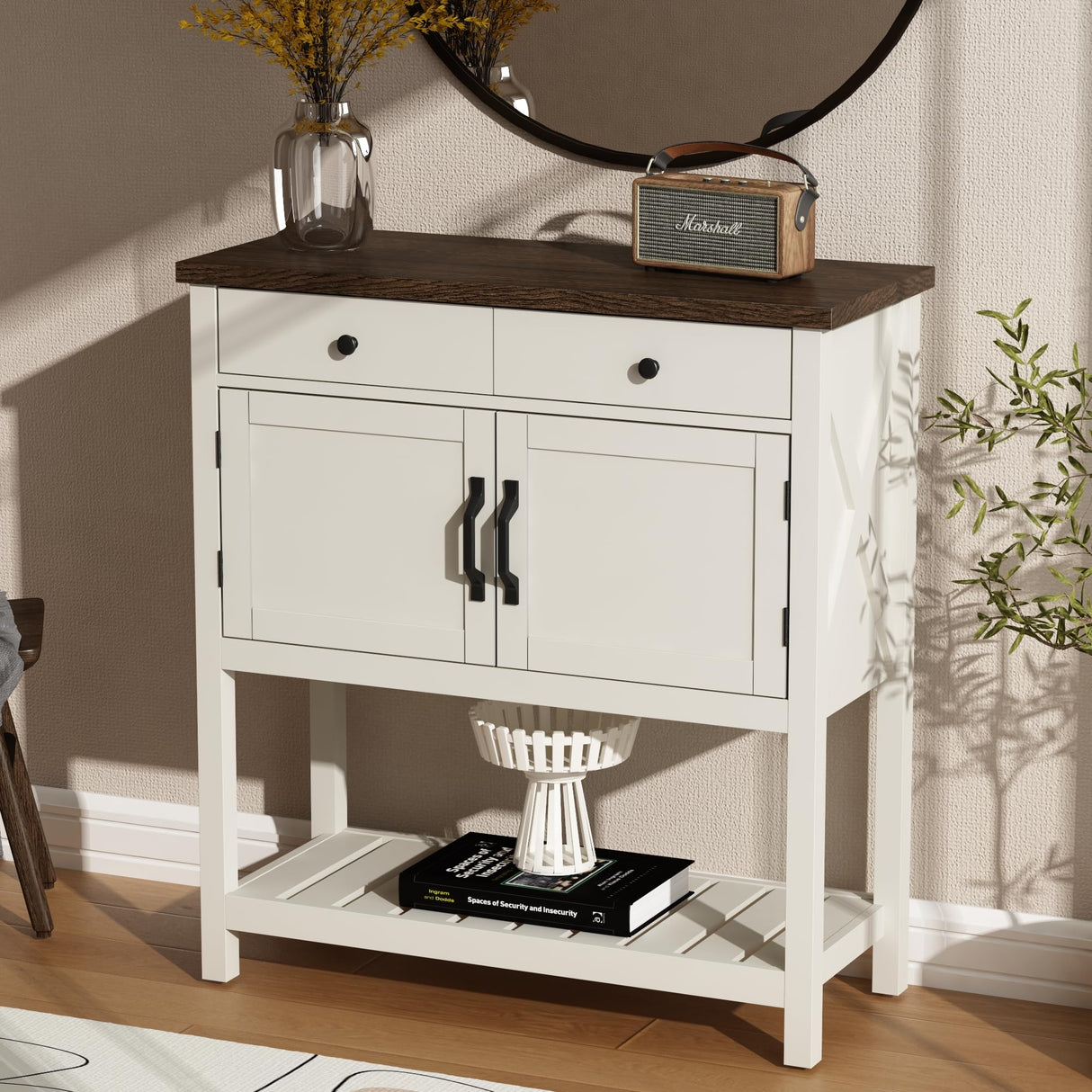 ChooChoo Farmhouse Console Table, Entryway Table with Storage Shelf, Coffee Bar Cabinet, Narrow Buffet Sideboard for Kitchen, Hallway, Living Room, White ChooChoo