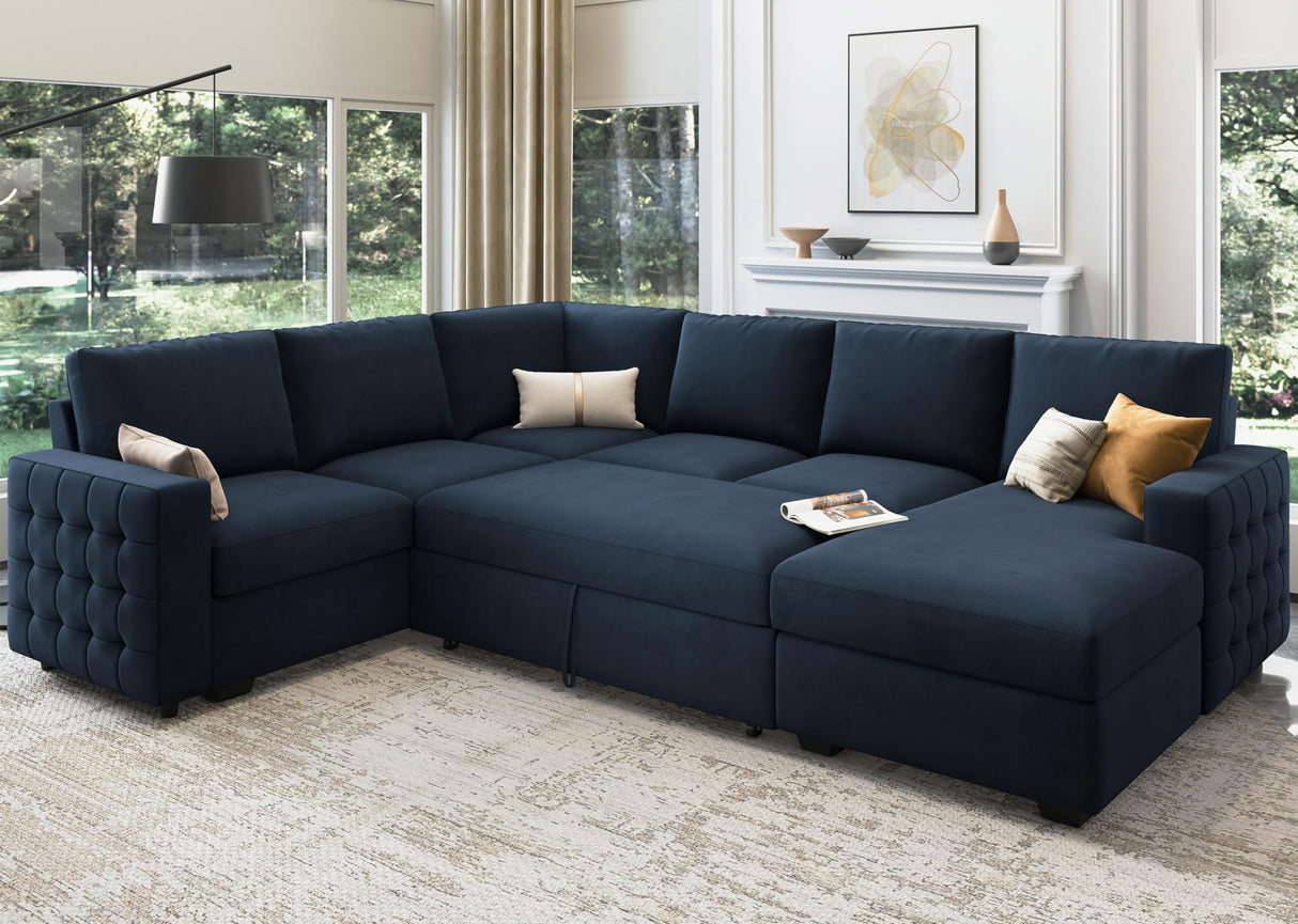 HONBAY Sectional Sleeper Sofa with Pull Out Bed U-Shape Sectional Couch Sleeper Bed with Storage Chaise Lounge Living Room 6 Seater Sectional Sofa,Velvet Dark Blue HONBAY