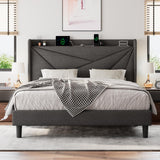 Einhomn Dark Grey Queen Size Upholstered Bed Frame with Built-in Charging Station and Storage Headboard Einhomn