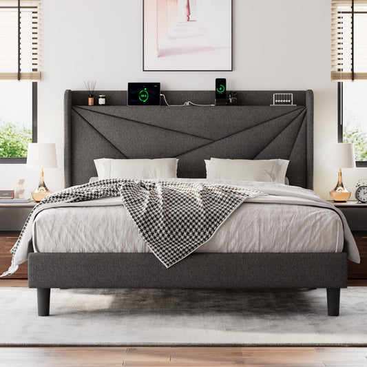 Einhomn Dark Grey Queen Size Upholstered Bed Frame with Built-in Charging Station and Storage Headboard - WoodArtSupply