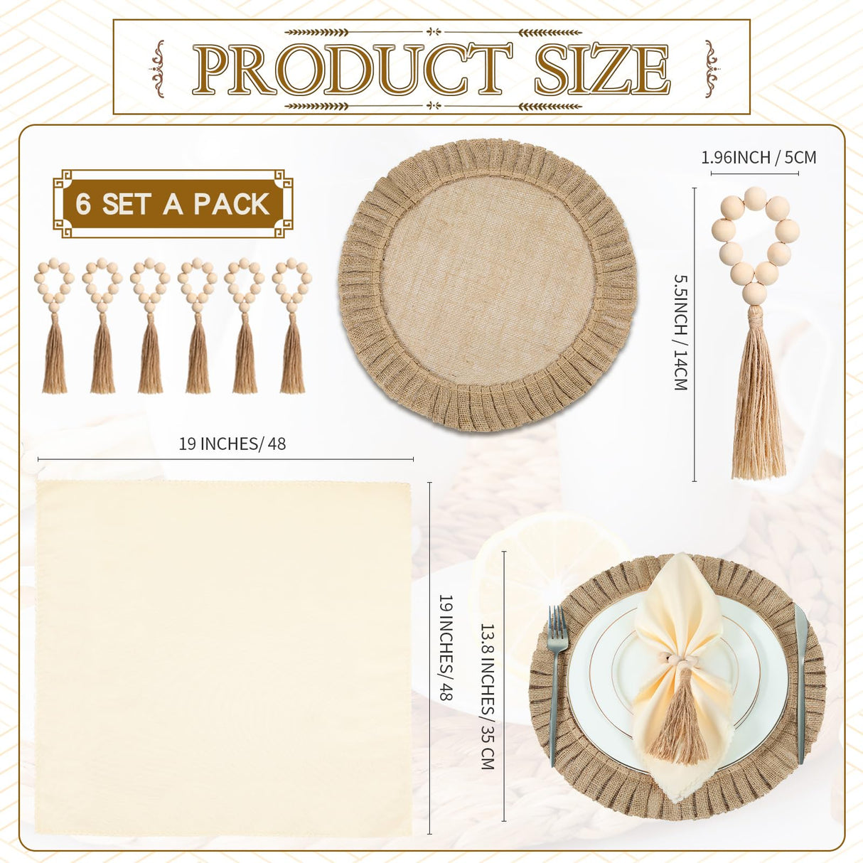 Gejoy Round Burlap Placemats Wood Bead Napkin Rings with Dinner Napkins Cloth, Jute Heat Resistant Placemats Boho Wooden Rings for Plates Wedding Dining Table(18 Pcs) Gejoy