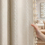 XOGUIBO Boho Blackout Curtains 2 Panels 84 Inch for Living Room Bedroom, Beige Linen Texture Farmhouse Curtains with Tassels and Cotton Embroidery Vintage Rustic Western Rod Pocket XOGUIBO