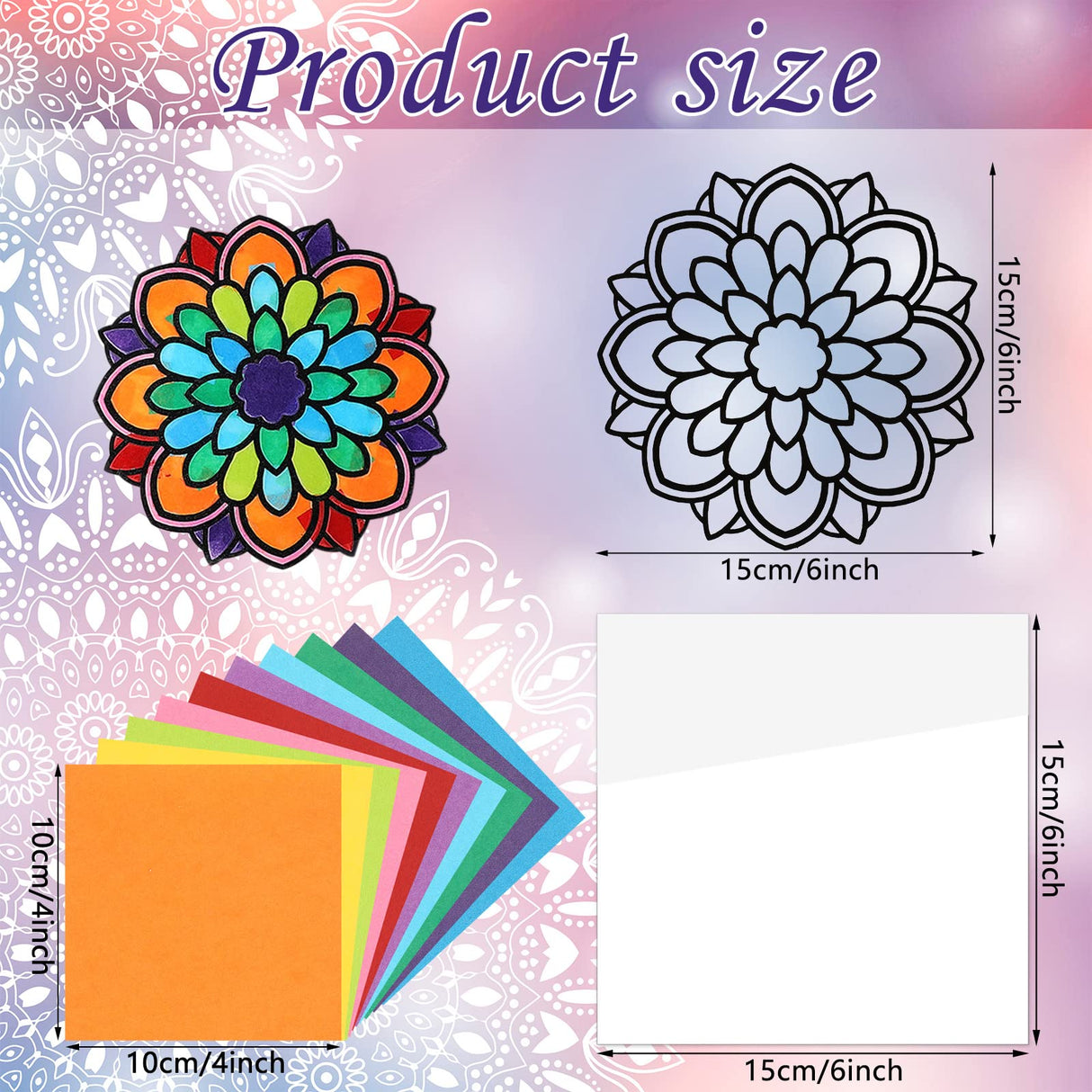 Gueevin 36 Sheet Mandala Window Clings Color Your Own Stained Glass Window Cling Arts and Crafts DIY Kit with Colorful Cotton Paper Contact Paper Crafts for Adults Kid Teen, 6 x 6 Inch Gueevin