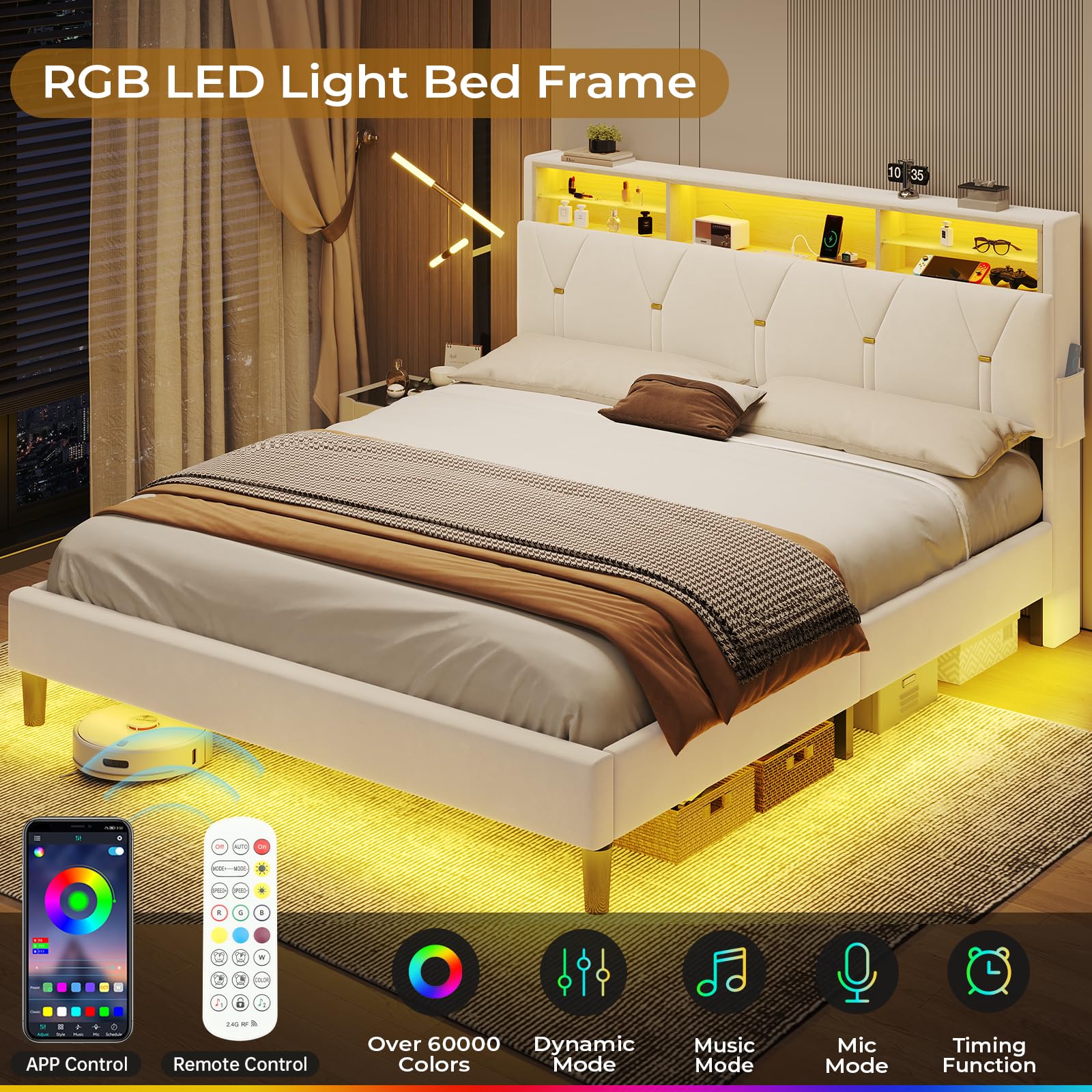 BTHFST Creamy White Velvet Queen Bed Frame with LED Lights & Charging Station - WoodArtSupply