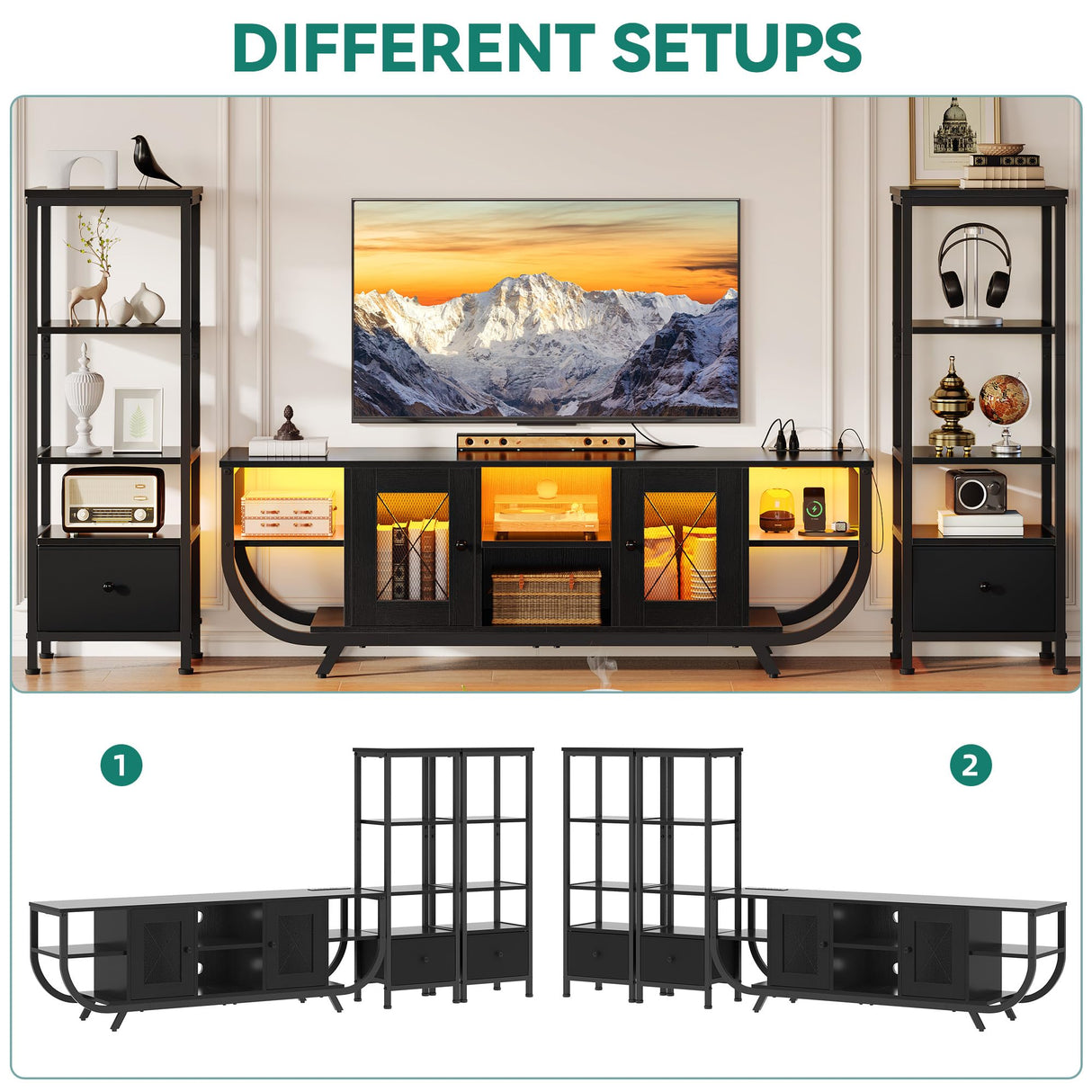 YITAHOME TV Stands for Living Room, LED TV Stand for 65 inch TV Entertainment Center with 2 Bookshelves, Modern Farmhouse TV Console Cabinet with Power Outlets, Black YITAHOME