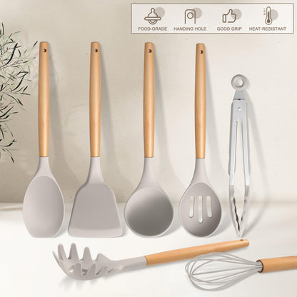 E-far Silicone Cooking Utensils Set, 10-Piece Heat Resistant Kitchen Utensils Set with Wooden Handle for Nonstick Cookware, Kitchen Nonstick Tools Spatula Whisk Tongs Ladle, Non-toxic & Healthy(Khaki)