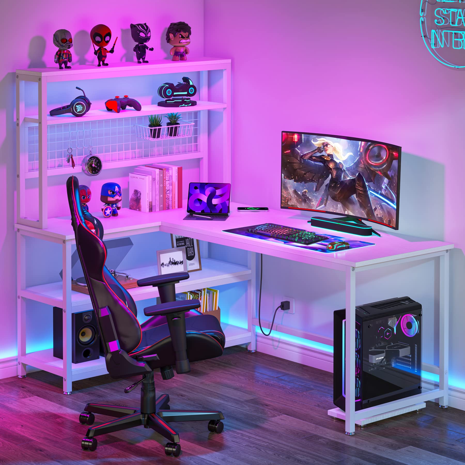 Tribesigns 55" All White L-Shaped Computer Desk with Wireless Charging and 5 Storage Shelves - WoodArtSupply