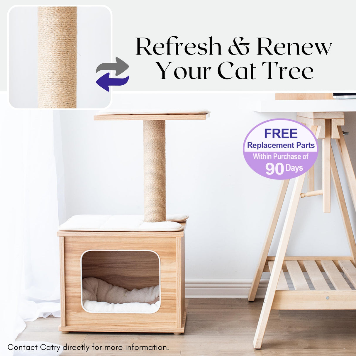 Catry 29.7" Tall 3 Level Laminated Wood Cat Tree with Large Base Condo, 2 Paded Steps, Natural Jute Scratching Post, Sturdy and Easy to Assemble for Small Cat, Brown Catry