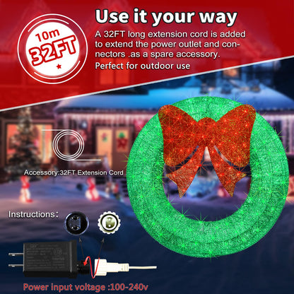 48Inch 4FT Large Christmas Wreath - Outdoor Christmas Wreaths with LED Lights,Extension Cable, Xmas Decorations for Door Outdoor Indoor Wall Home - Green