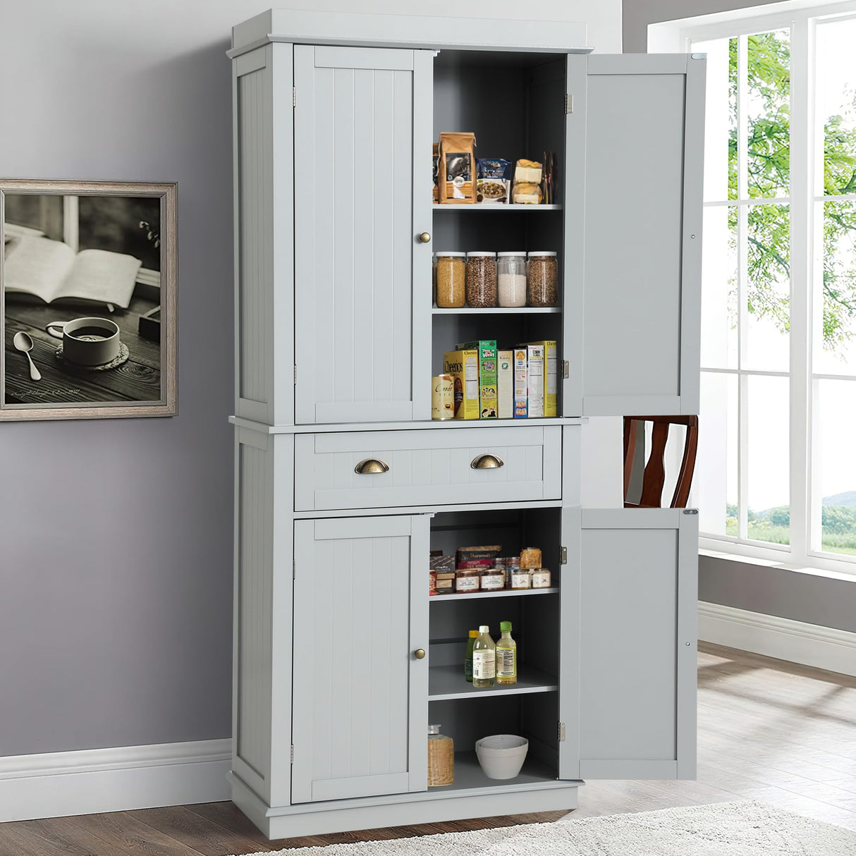 KIGOTY Pantry Cabinet Kitchen Storage Pantry Cabinet with Doors and Shelves for Living Room and Dining Room (Gray, 72" H) KIGOTY