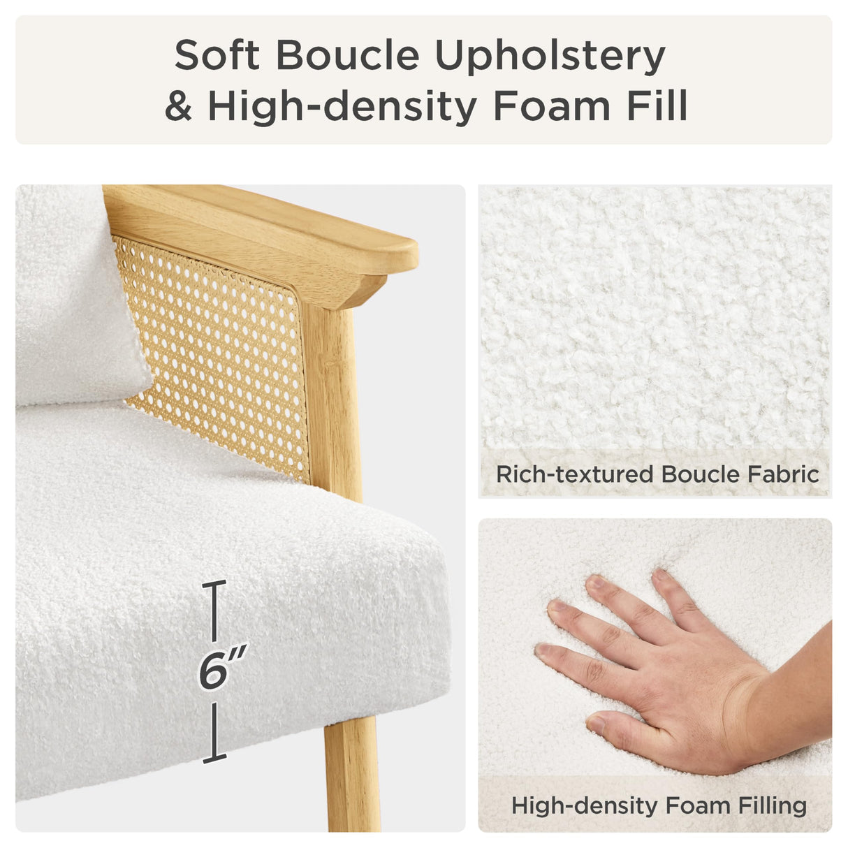 Yaheetech Accent Chair, Boucle Vanity Chair with Rattan Back Arms, Mid Century Chair Upholstered Living Room Chair Lounge Chair Bedroom Balcony White Yaheetech