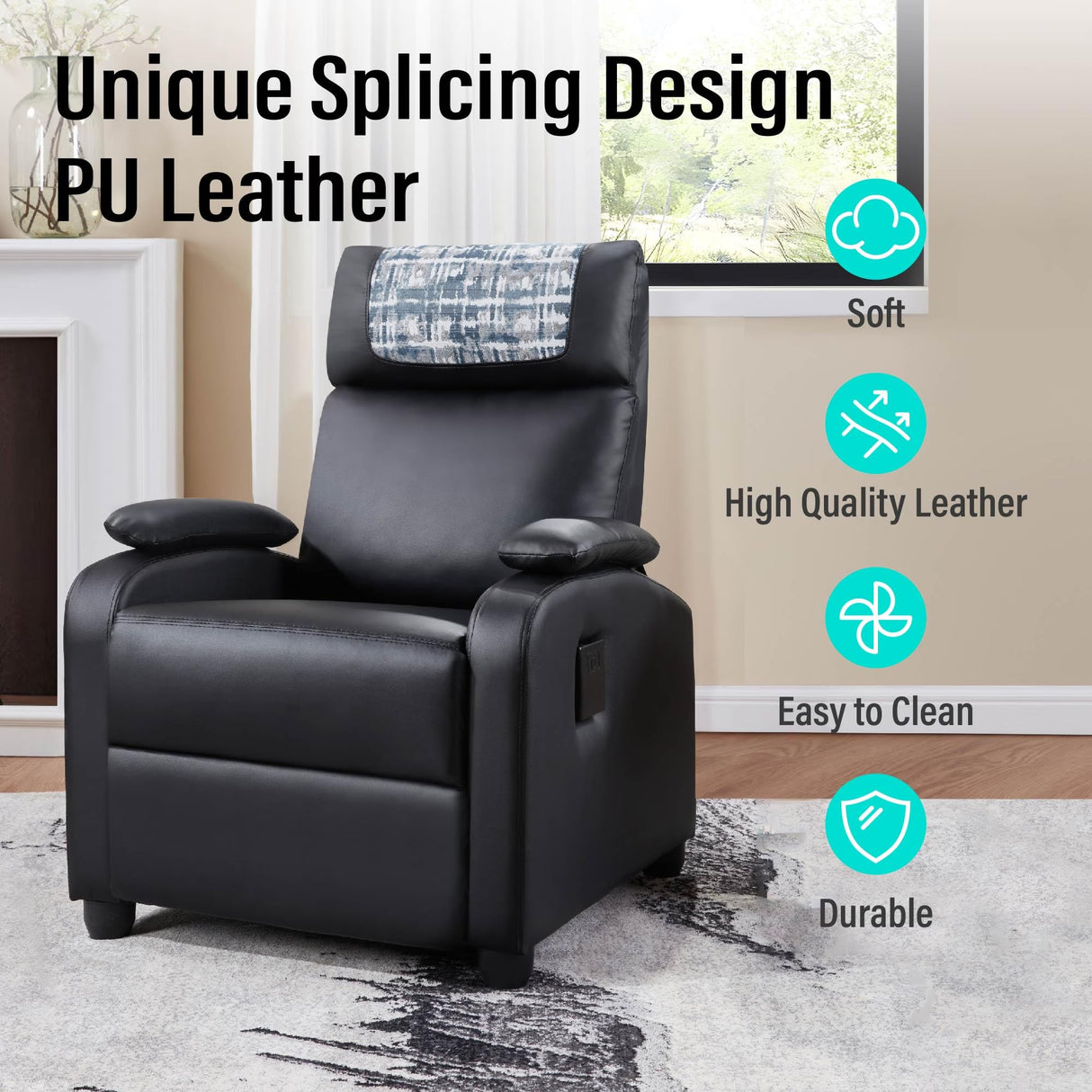 Manual Recliner Chair with Cup Holder – Classic PU Leather Reclining Single Sofa for Living Room, 3-Position Adjustable Recliner with Footrest and Headrest Pillow, Easy Assembly (Black) Generic