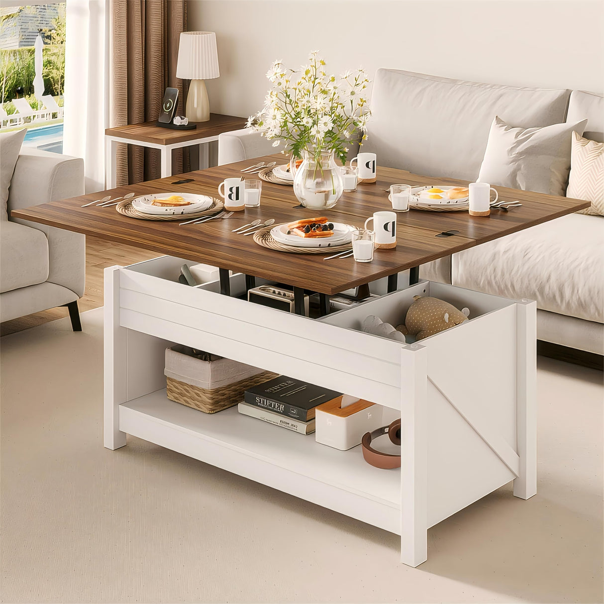 ONBRILL Lift Top Coffee Table, 3 in 1 Multi-Functional Coffee Table with Storage and Hidden Compartments, Farmhouse Rectangular Convertible Coffee Table to Dining Table for Living Room, White ONBRILL