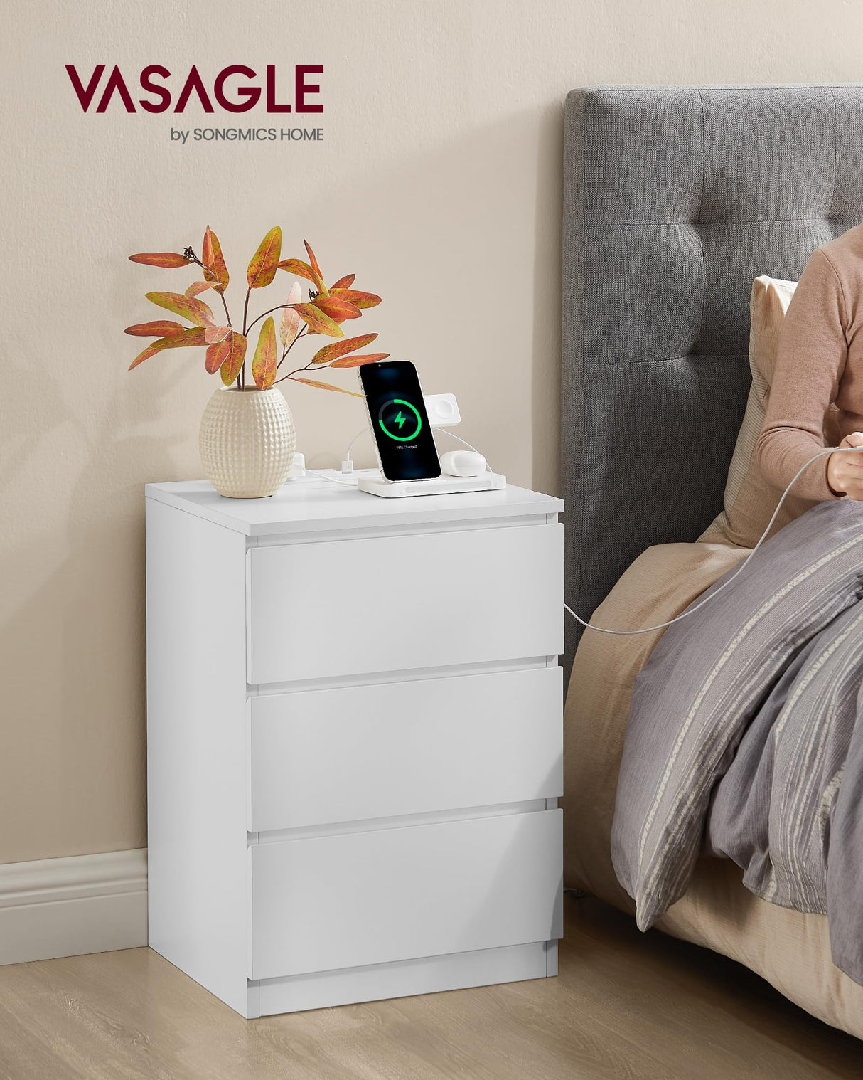 VASAGLE Nightstands with Charging Station, Set of 2, AC Outlets and USB Ports, Bedside Tables, Side Tables with 3 Drawers, Modern Style, 13.8 x 15.7 x 23.2 Inches, Cloud White ULET731W16 VASAGLE