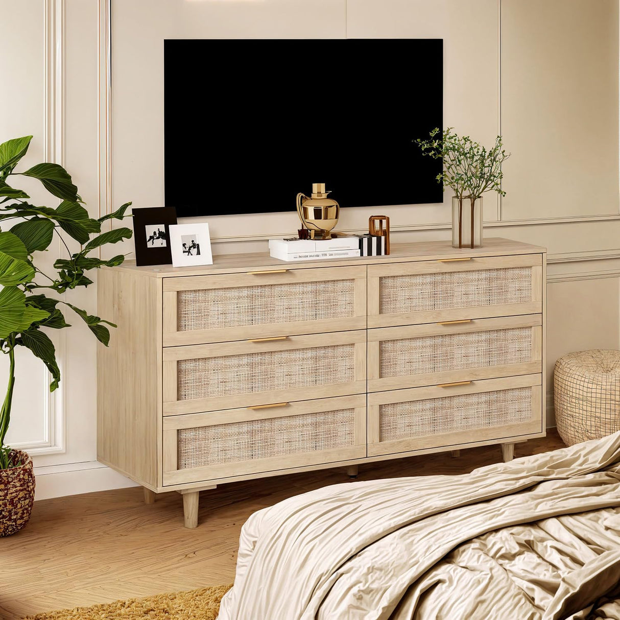 Angel Sar Rattan Dresser for Bedroom, 6 Drawer Wide Dresser, Boho&Farmhouse Chest of Drawers, 51" Clothes Storage Cabinet, Metal Handle&Wood Legs for Hallway, Living Room, Bedroom, Wood Angel Sar