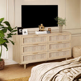Angel Sar Rattan Dresser for Bedroom, 6 Drawer Wide Dresser, Boho&Farmhouse Chest of Drawers, 51" Clothes Storage Cabinet, Metal Handle&Wood Legs for Hallway, Living Room, Bedroom, Wood Angel Sar