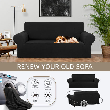 KEKUOU Stretch Loveseat Sofa Cover Slipcover,Couch Covers for 2 Cushion Couch Sofa (55"-79") Furniture Protector Sofa with Elastic Bottom for Kids,Dog. Jacquard Small Checked (Medium,Black) KEKUOU