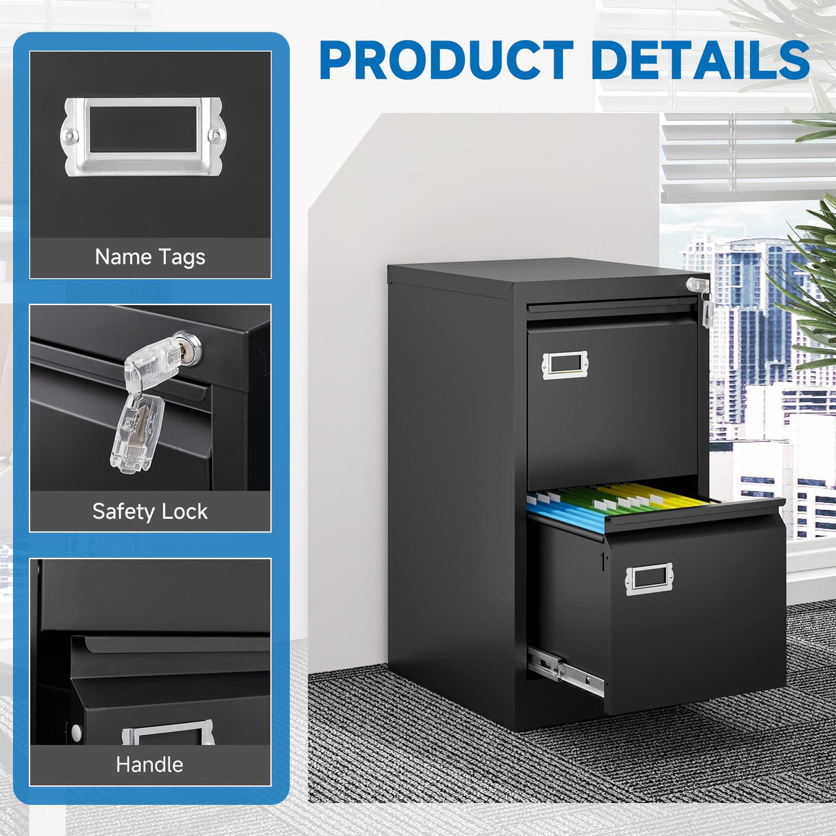 BYNSOE 2 Drawer File Cabinet with Lock Metal Vertical Filing Storage Cabinet Office Home Steel Vertical File Cabinets for A4 Legal/Letter Size Narrow File Cabinet Locked,Assembly Required BYNSOE