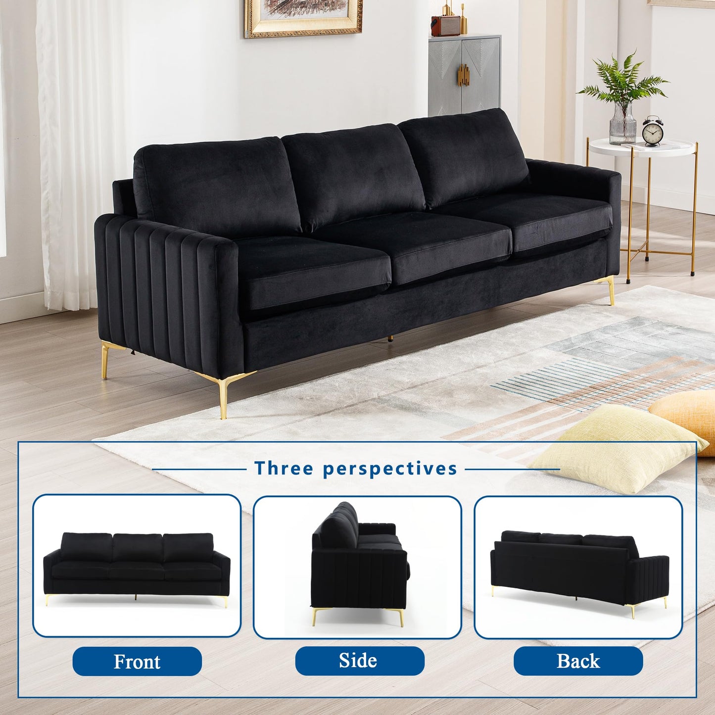 Sofa and Loveseat Set 2 Piece, Comfy Velvet Tufted Couch and Loveseat Sets Living Room Furniture Sets with Gold Leg, Modern Couches Sofas Sets of 2 Love Seat for Bedroom Office Juego De Sala (Black)