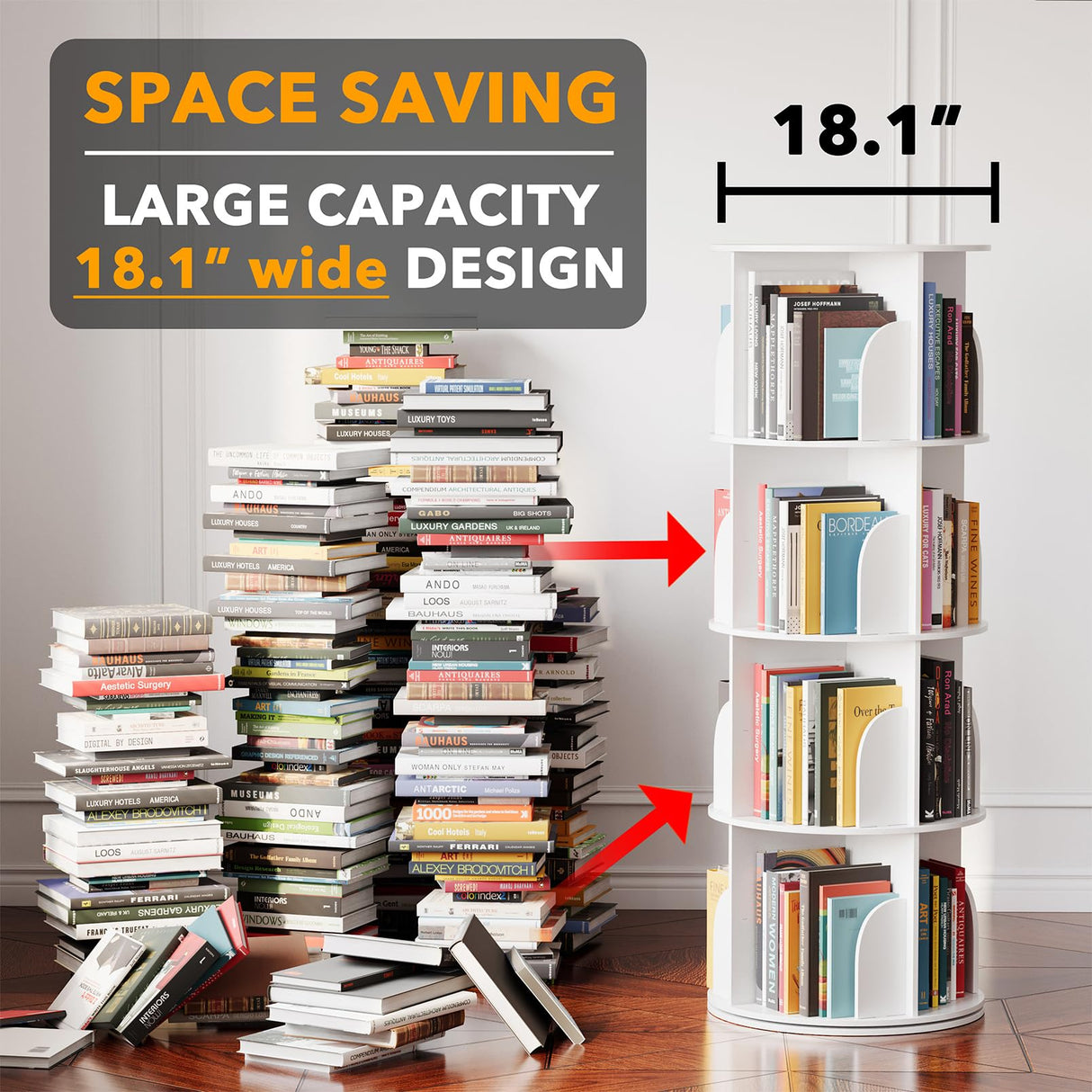 SpaceAid 4-Tier White Rotating Bookshelf Tower - Spinning Lazy Susan Bookcase Organizer SpaceAid