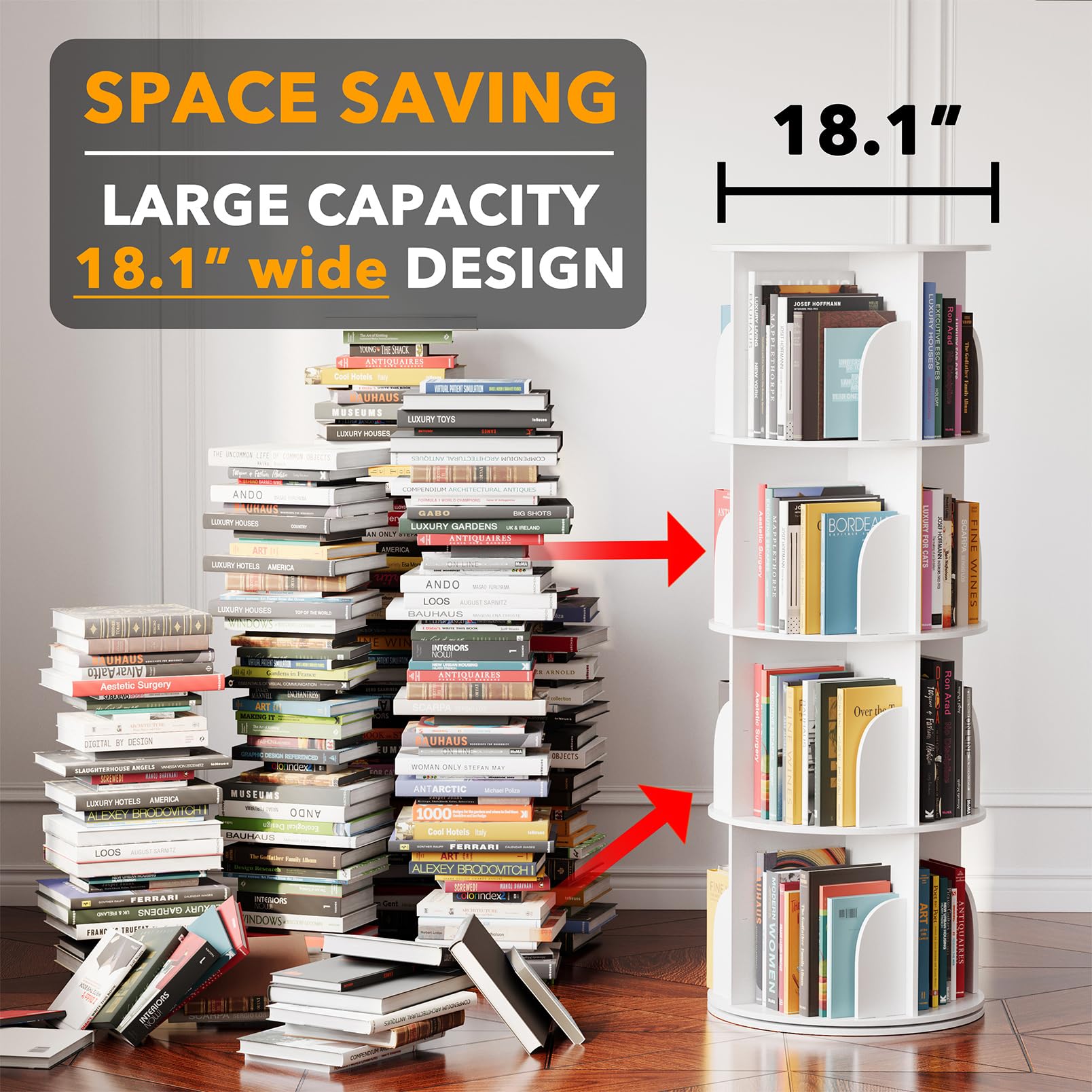 SpaceAid 4-Tier White Rotating Bookshelf Tower - Spinning Lazy Susan Bookcase Organizer - WoodArtSupply