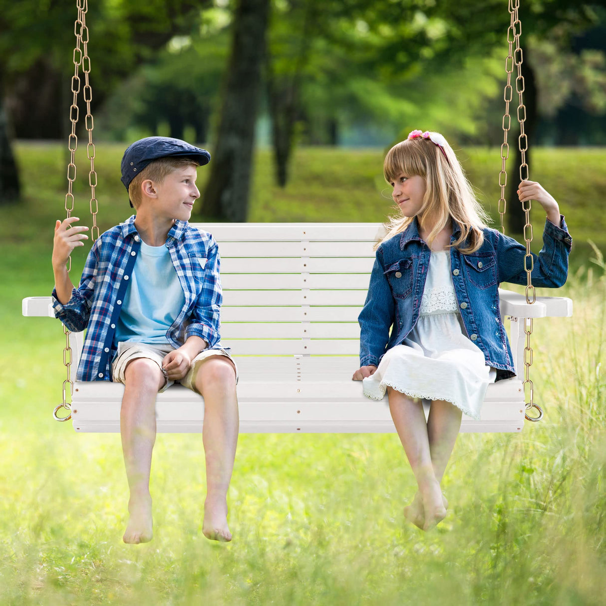 4FT Wooden Porch Swing w/Cupholders,Heavy Duty 800LBS Outdoor Swing Bench w/Chains,Patio Roll Back Swing Chair Bench,Front Porch 2-Person Hanging Bench,for Garden Courtyard Lawn & Balcony Backyard RELIANCER