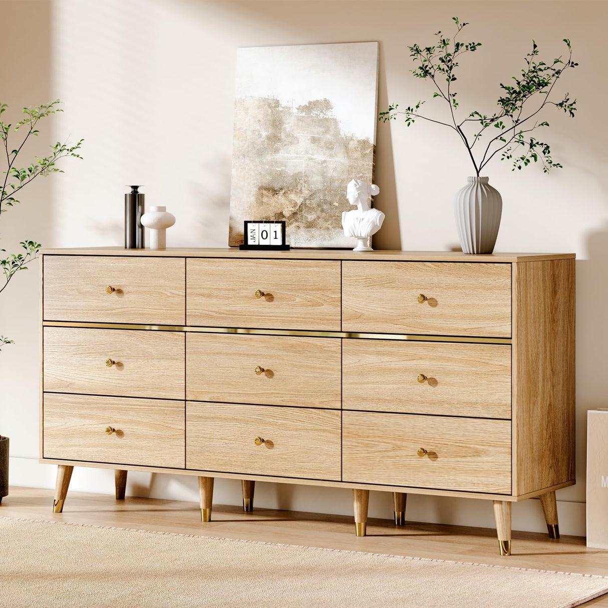 Chrangmay 9 Drawer Dresser,63" Wide Mid Century Modern Chest of Drawers,Wooden Bedroom Drawer Dresser with 9 Storage Drawers for Bedroom, Living Room,with Anti-Tipping Device,Natural Chrangmay