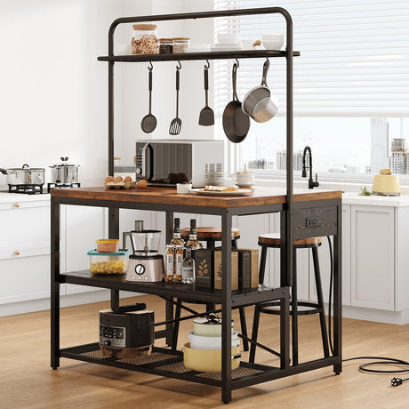 Jocoevol Kitchen Island with Storage, Bakers Rack with Power Outlet, Island Table for Kitchen, Bakers Rack with Storage, Large Kitchen Island Table, Coffee Bar Table with Shelf,5 Racks, Rustic Brown Jocoevol