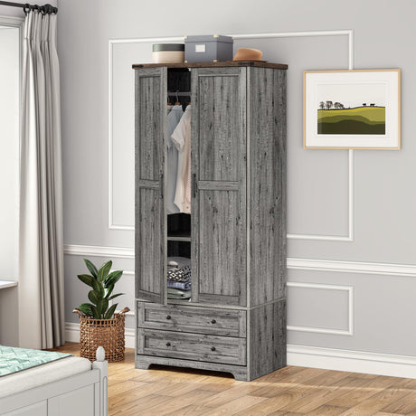 Brafab Armoire Wardrobe Closet with 2 Modern Doors, 71" Tall Freestanding Closet Wardrobe Cabinet with Drawers and Hanging Rail, Wooden Storage Cabinet with Shelve for Bedroom, Kids' Room, Grey Brafab
