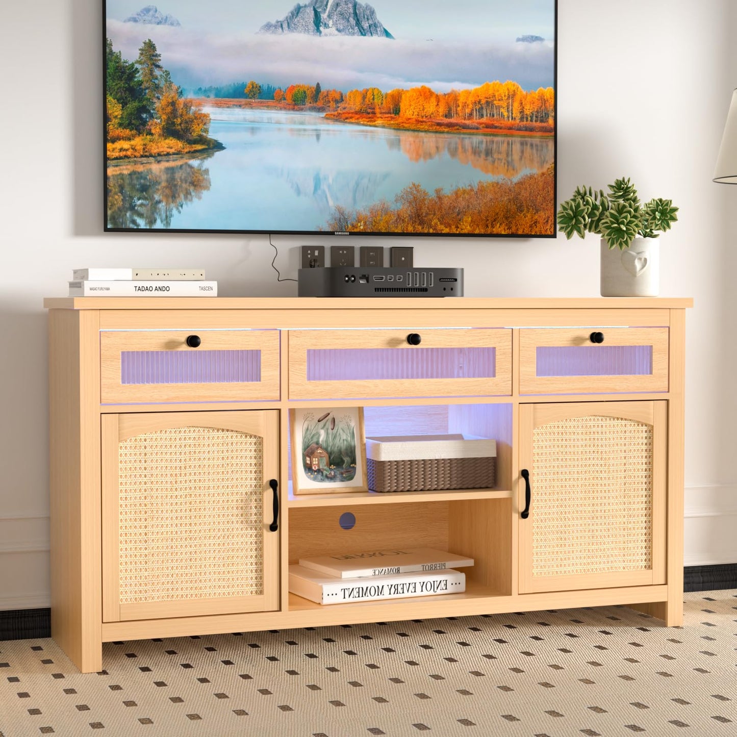 Yeyawomy Rattan Tall Entertainment Center for 65 inch TV, Modern TV Stands for Living Room,Tall TV Stand with LED lights, Storage Cabinet,Adjustable Shelf,Media Console,Wood TV Consoles - WoodArtSupply