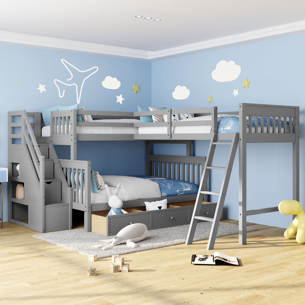 L Shaped Bunk Beds for 3, Triple Bunk Bed with Stairs and 3 Storage Drawers, Twin Over Full Bunk Bed with Twin Size Loft Bed attached, Wooden Bunk Bed Frame for Kids Teens Girls Boys (Gray) Harper & Bright Designs