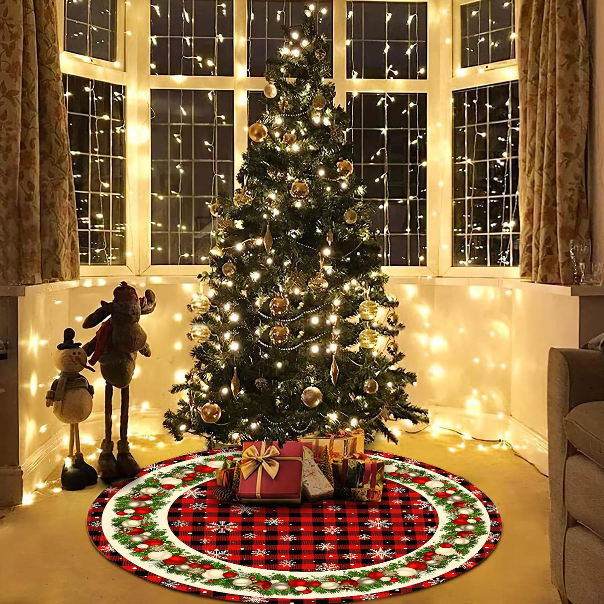 48 Inch Christmas Tree Skirt Red and Black Buffalo Plaid Christmas Tree Skirt, Snowflake Bells Decoration, New Year's Eve Holiday Party Outdoor Decoration Staraise