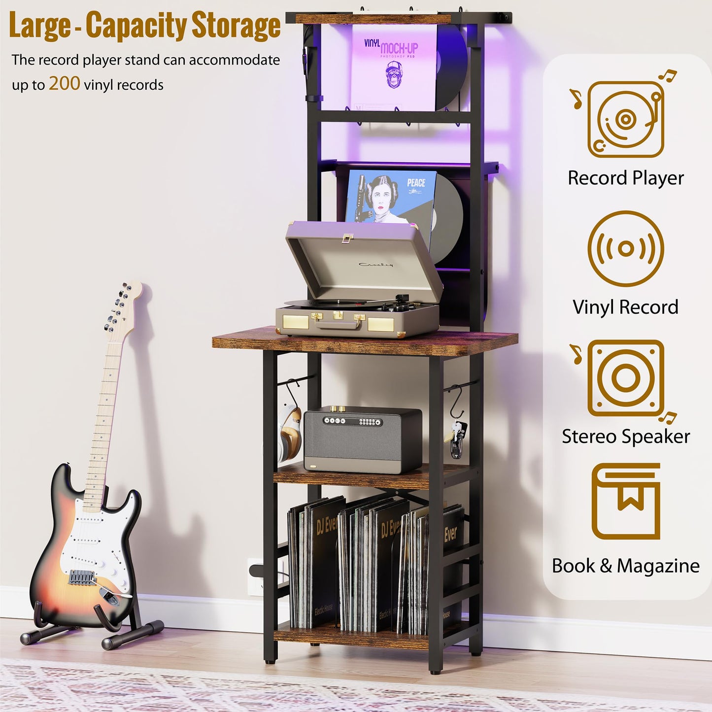 YAKANJ Record Player Stand with Led Light,Record Player Table with Vinyl Storage,Turntable Stand with Record Holder Vinyls Display Shelf for Music Room Studio,Brown