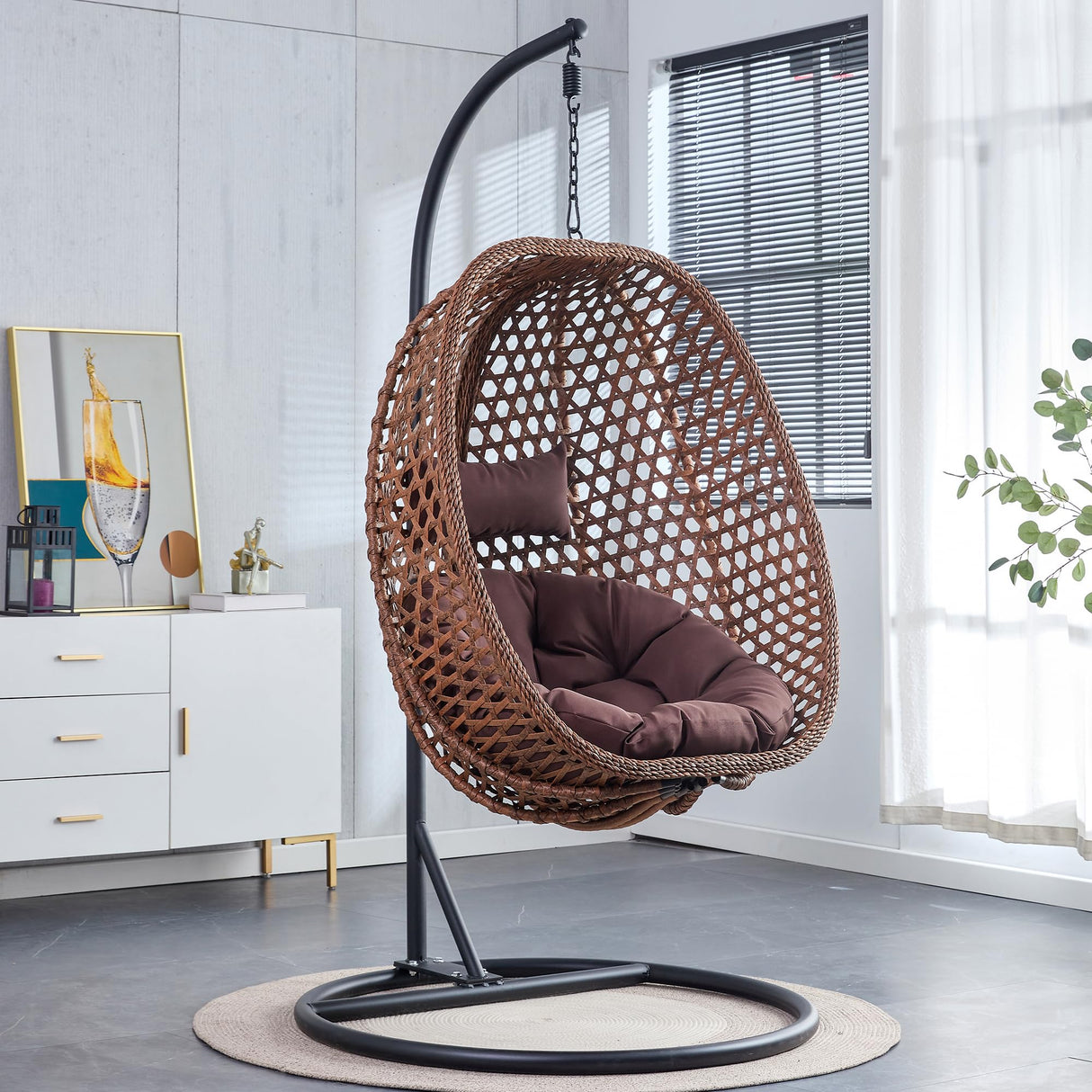 CRIPNAS Egg Swing Chair Outdoor with Stand, Hanging Egg Rattan Basket Chair with Cushion and Pillow, Lounge Chair, Foldable Basket and Metal Stand for Porch, Patio, Bedroom, Balcony,Yard (Brown) CRIPNAS