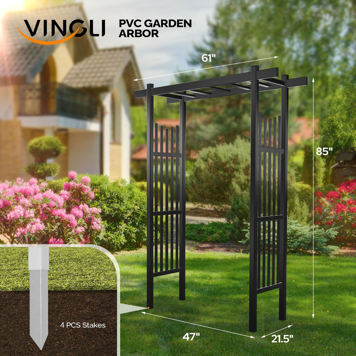 VINGLI Garden Arbor, PVC Wedding Arch for Ceremony Party, Garden Trellis for Climbing Plants Outdoor, Arch Backdrop Stand for Garden, Backyard, Lawn, Wedding (Black) VINGLI
