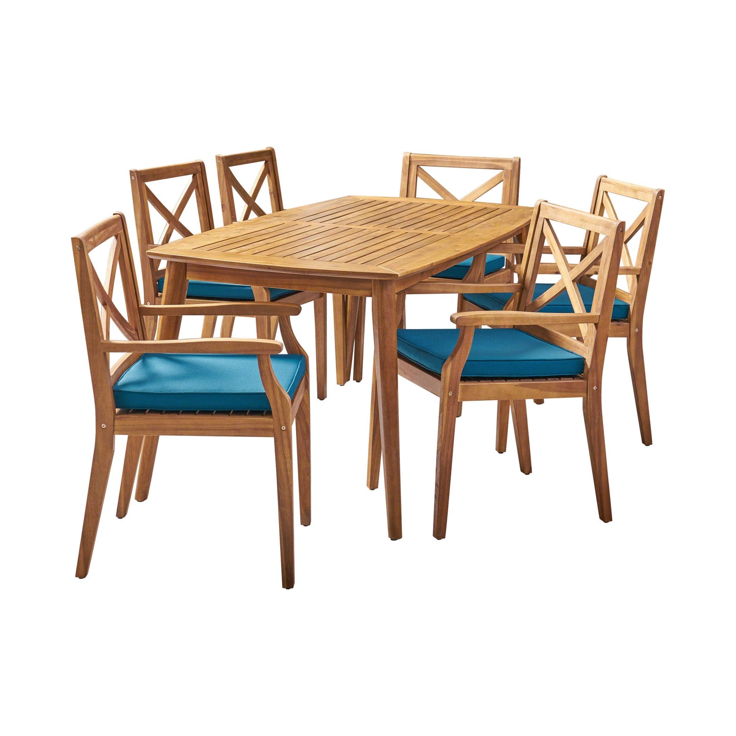 Christopher Knight Home Harvey Outdoor 7 Piece Acacia Wood Dining Set, Teak Finish/Blue - WoodArtSupply