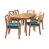Christopher Knight Home Harvey Outdoor 7 Piece Acacia Wood Dining Set, Teak Finish/Blue Christopher Knight Home
