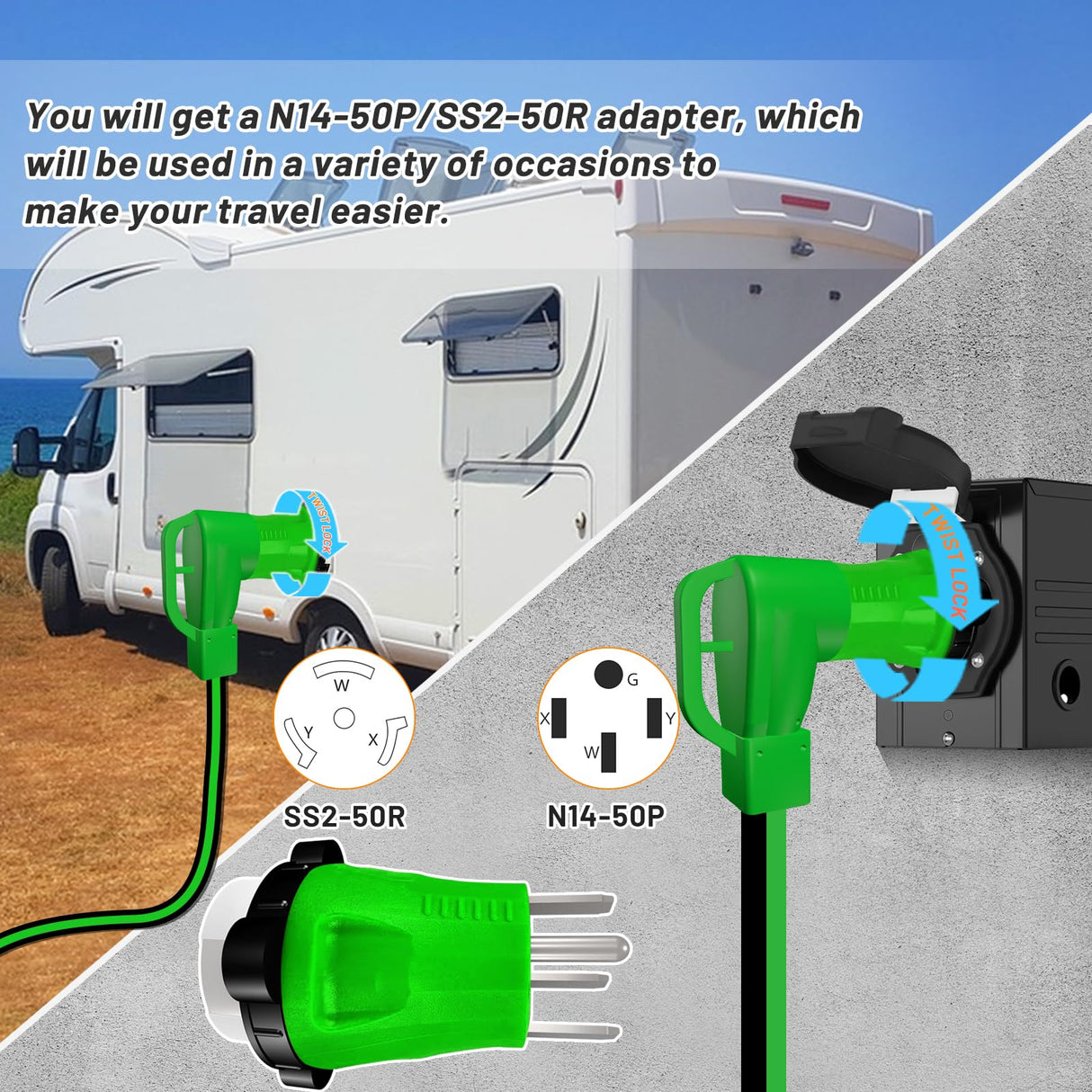 RVPLAN 25 FT 50 Amp RV/EV Extension Cord Outdoor Waterproof,4 Prong Flexible Heavy Duty STW RV Power Cord,NEMA 14-50P/R Standard Plug Suit for EV Charging and RV Trailer Campers, Black-Green,ETL RVPLAN