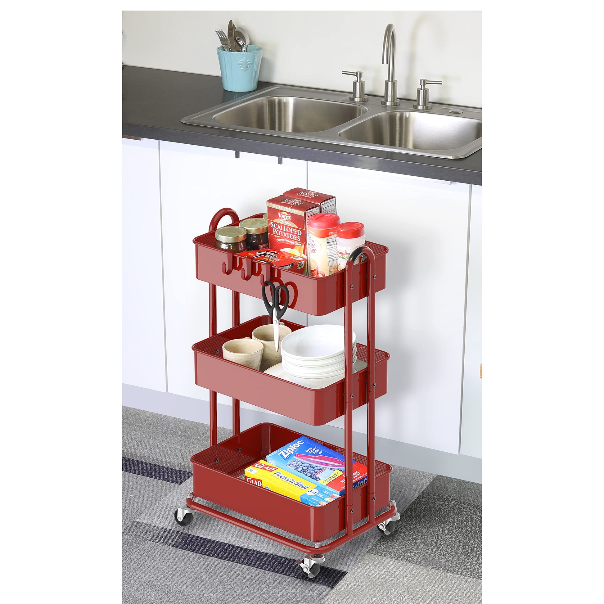 Simple Houseware Heavy Duty 3-Tier Metal Utility Rolling Cart, Red - WoodArtSupply