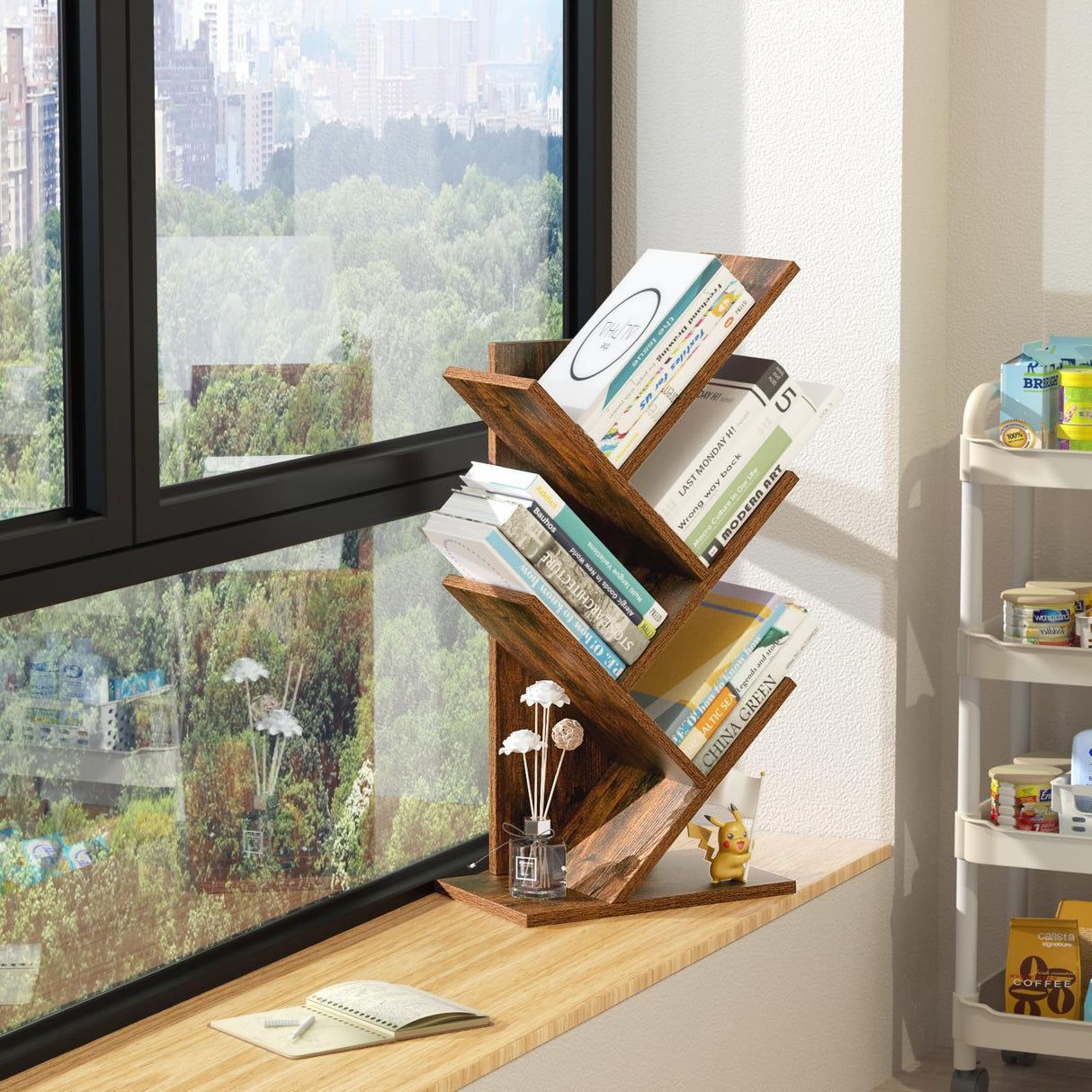 SHEEPAM 5 Tier Tree Book Shelf, Small Desktop Bookshelf with Storage Organizer, Wood Bookcase, Desk Display Bookshelves, Floor Standing Organizer Bookcases for Living Room,Bedroom,Office-Brown SHEEPAM