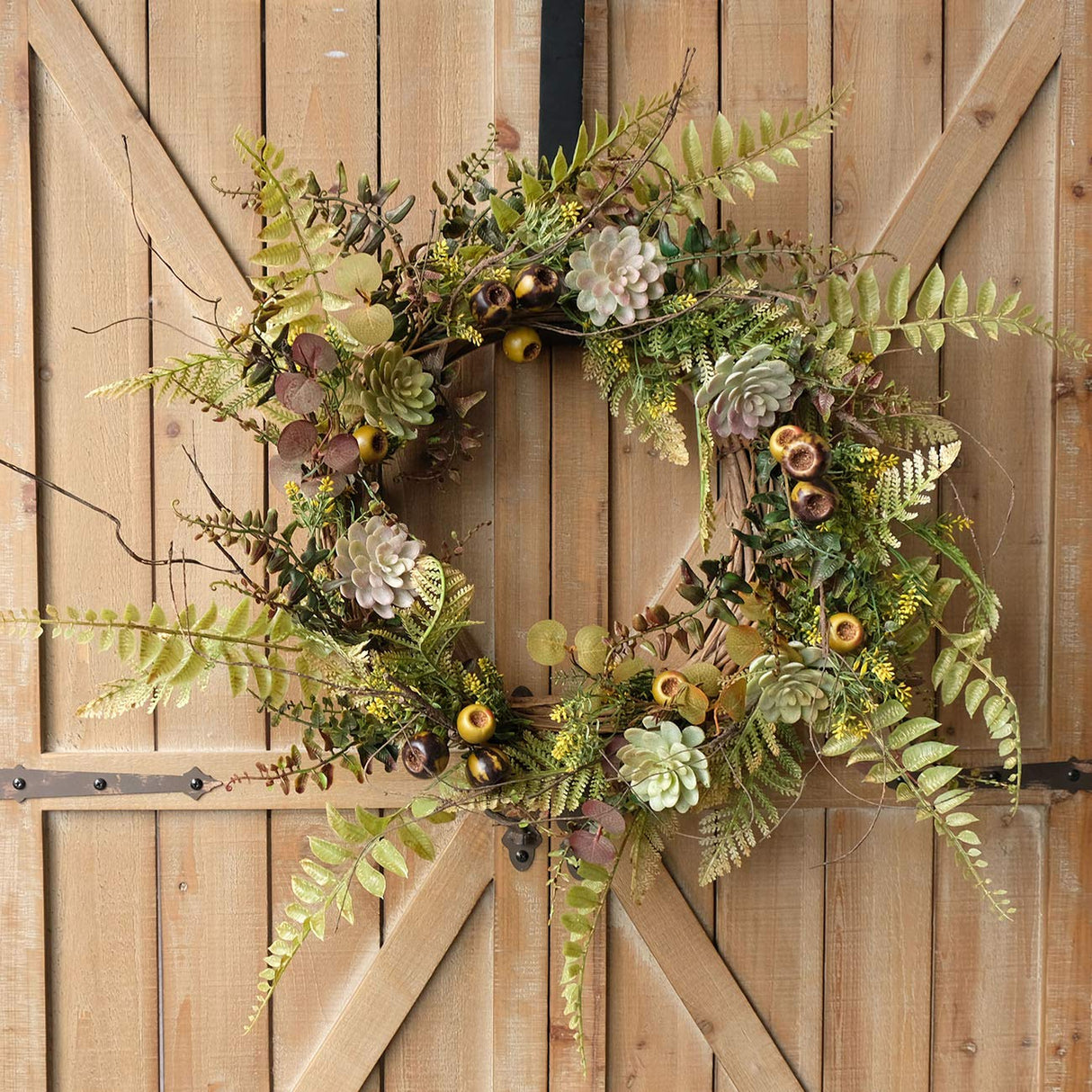 idyllic 22 Inches Christmas Wreath of Assorted Fern Leaves and Succulents Berry, Winter Spring Artificial Wreath for Front Door, Wall, Window, Farmhouse idyllic