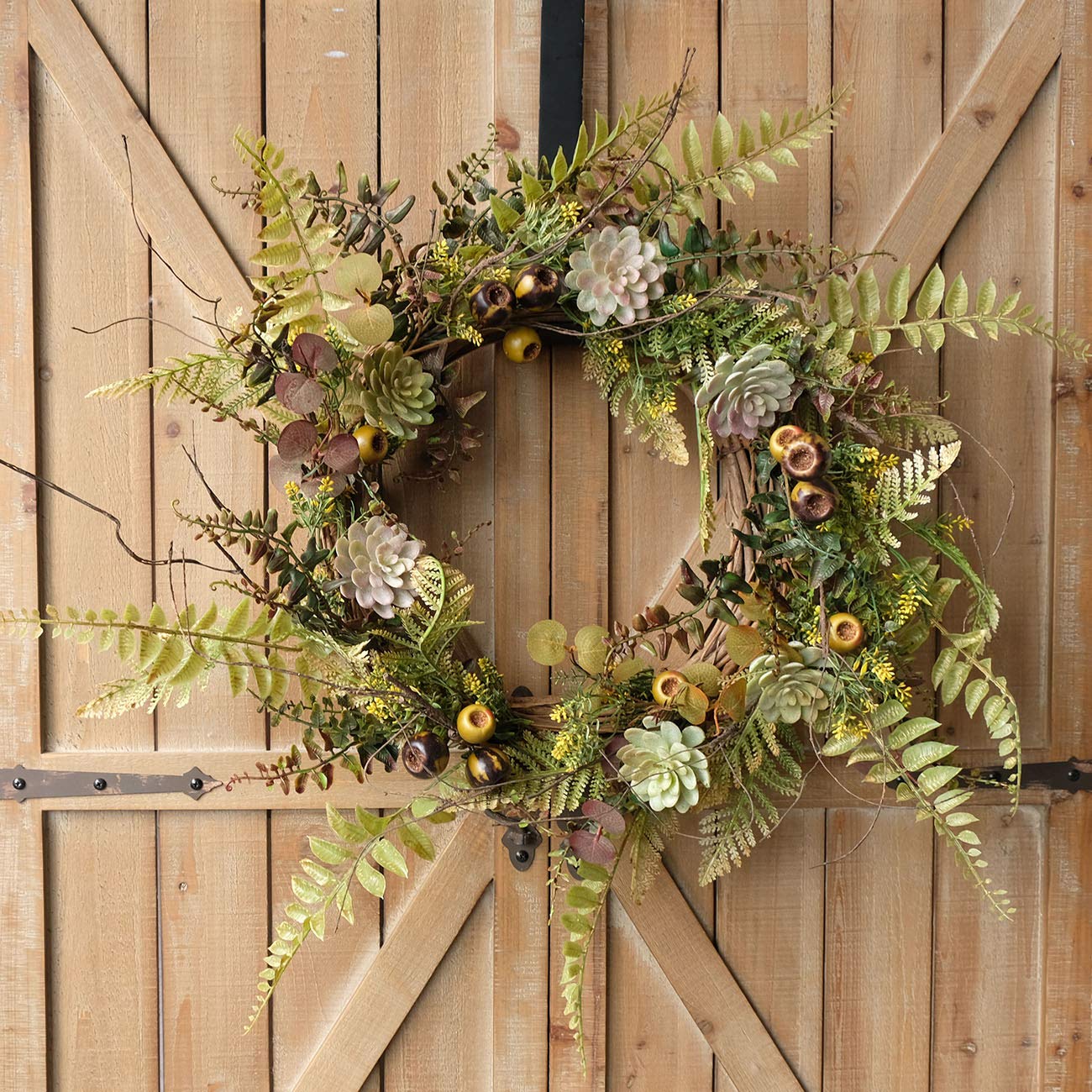 idyllic 22 Inches Christmas Wreath of Assorted Fern Leaves and Succulents Berry, Winter Spring Artificial Wreath for Front Door, Wall, Window, Farmhouse