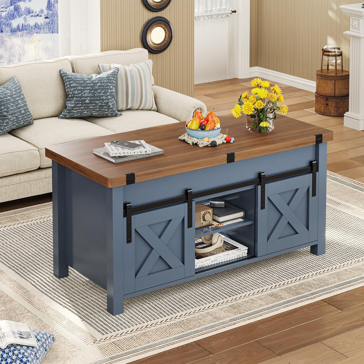 SEDETA Lift Top Coffee Table, 4 in 1 Multi-Function Convertible Coffee Tables with Storage and Hidden Compartment, Farmhouse Coffee Table Converts to Dining Table for Living Room, Blue SEDETA
