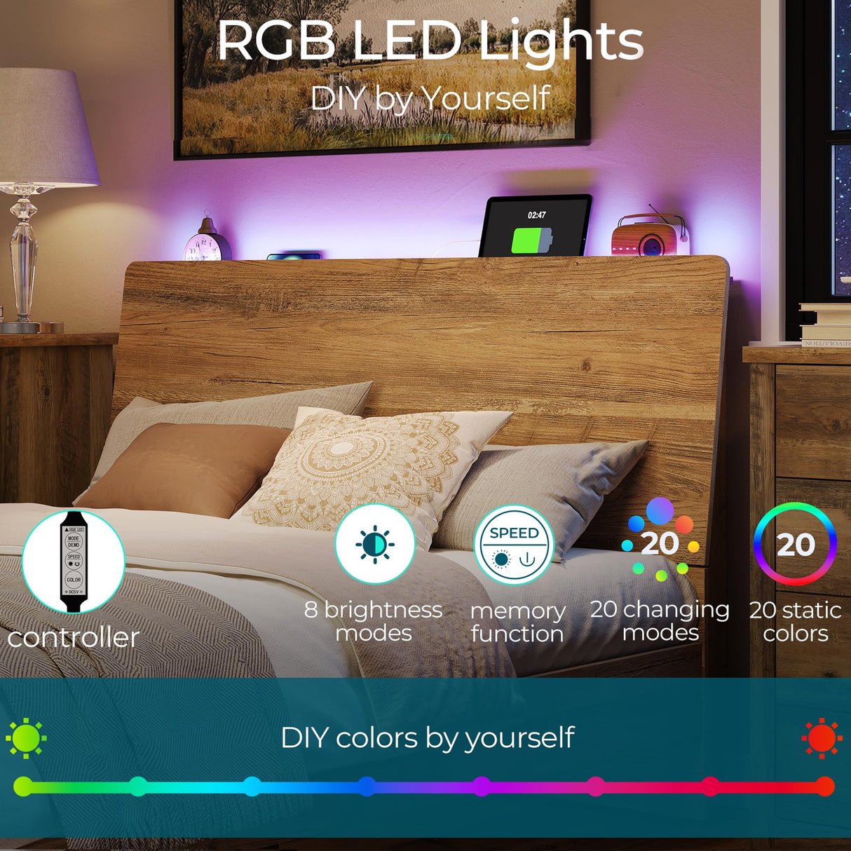 LINSY Wood Bed Frame, Full Bed Frame with Headboard LED, Wooden Platform Frames with Charging Station, No Box Spring Needed, Easy Assembly, Rustic Brown LINSY